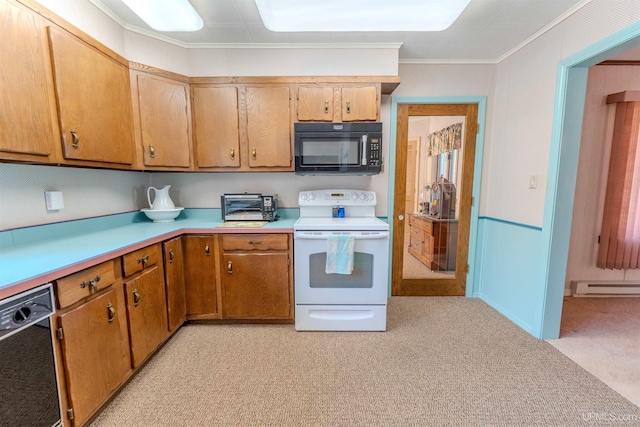 536 N W Gulliver Lake Rd, Gulliver, MI 49840 - kitchen featuring black appliances, baseboard heating, light countertops, light colored carpet, and ornamental molding