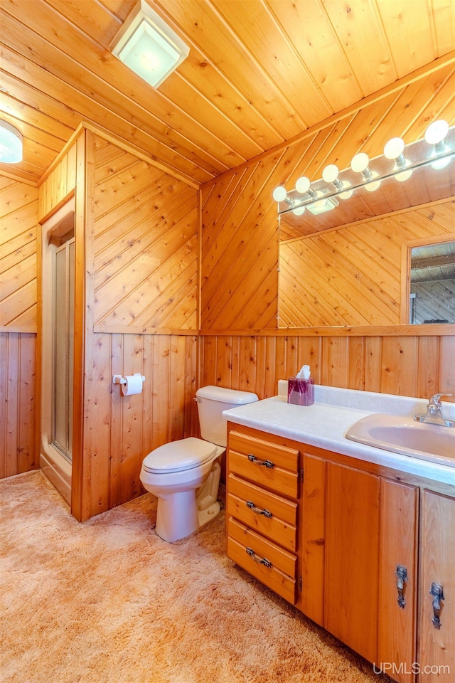 536 N W Gulliver Lake Rd, Gulliver, MI 49840 - full bath featuring wood walls, a shower stall, vanity, toilet, and wood ceiling