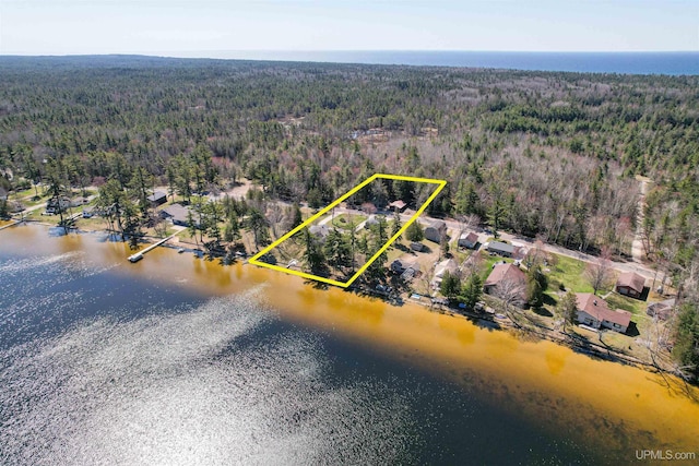 536 N W Gulliver Lake Rd, Gulliver, MI 49840 - aerial view of property's location with a heavily wooded area, a nearby body of water, and property parcel outlined