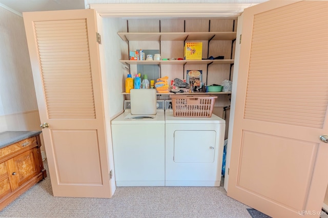 536 N W Gulliver Lake Rd, Gulliver, MI 49840 - clothes washing area with washer and dryer and light carpet