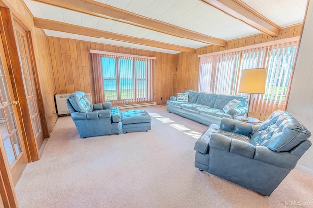 536 N W Gulliver Lake Rd, Gulliver, MI 49840 - carpeted living room featuring beam ceiling, healthy amount of natural light, wooden walls, and heating unit