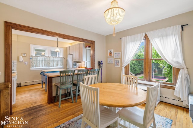 1117 Lakepointe St, Grosse Pointe Park, MI 48230 - dining area with plenty of natural light, light wood-type flooring, a chandelier, and a baseboard heating unit