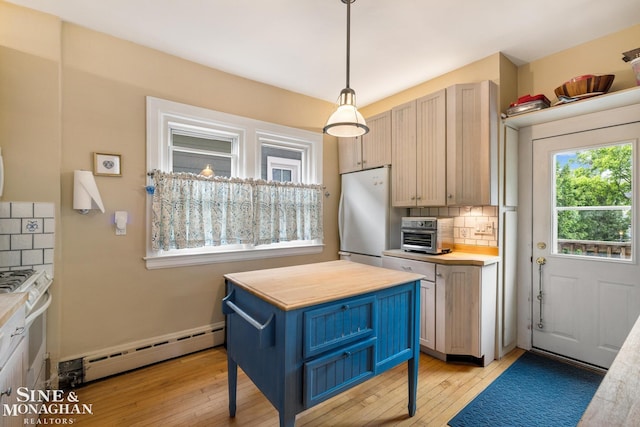 1117 Lakepointe St, Grosse Pointe Park, MI 48230 - kitchen featuring a baseboard radiator, white appliances, wood counters, and decorative backsplash