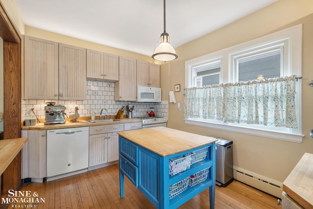 1117 Lakepointe St, Grosse Pointe Park, MI 48230 - kitchen featuring white appliances, wood counters, baseboard heating, a sink, and tasteful backsplash