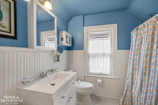 1117 Lakepointe St, Grosse Pointe Park, MI 48230 - bathroom featuring a wainscoted wall, toilet, healthy amount of natural light, vaulted ceiling, and vanity