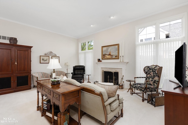 683 Morningside Ln, Grosse Pointe Woods, MI 48236 - living room with light carpet, crown molding, and a high end fireplace