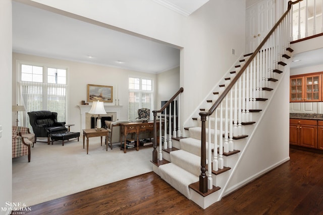 683 Morningside Ln, Grosse Pointe Woods, MI 48236 - stairs featuring crown molding, a fireplace, wood finished floors, and carpet