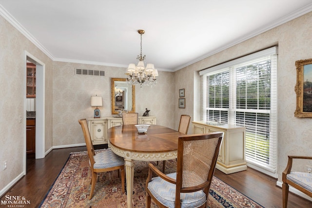 683 Morningside Ln, Grosse Pointe Woods, MI 48236 - dining area featuring healthy amount of natural light, dark wood-style floors, a chandelier, crown molding, and baseboards