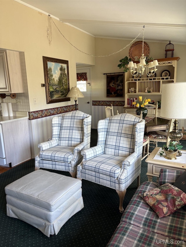 303 Jonathon Carver Rd, Marquette, MI 49855 - carpeted living area with a chandelier and crown molding