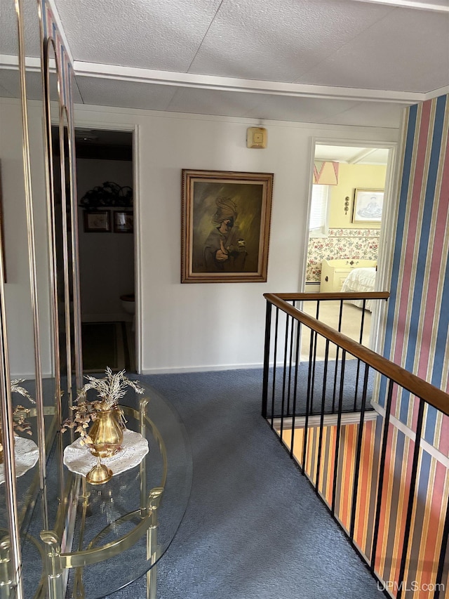 303 Jonathon Carver Rd, Marquette, MI 49855 - hallway with an upstairs landing, carpet, and a textured ceiling