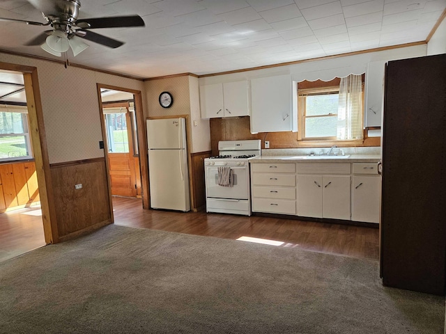 5440 Custer Dr, Harrison, MI 48625 - kitchen with white appliances, crown molding, plenty of natural light, ceiling fan, and wainscoting