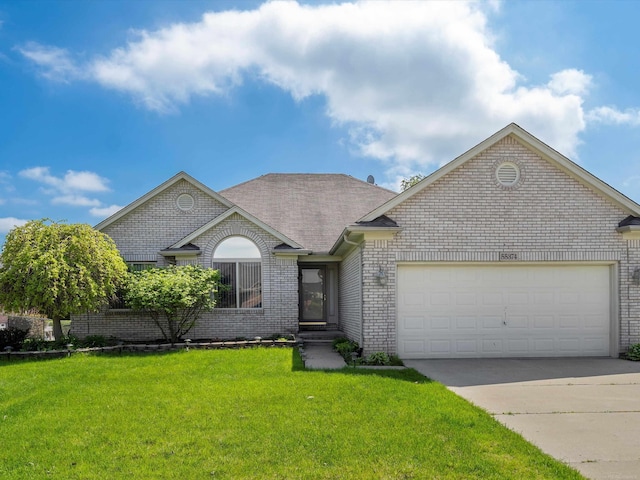 55374 Raspberry Dr, Macomb Twp, MI 48042 - view of front of property featuring a garage, brick siding, concrete driveway, a front lawn, and roof with shingles