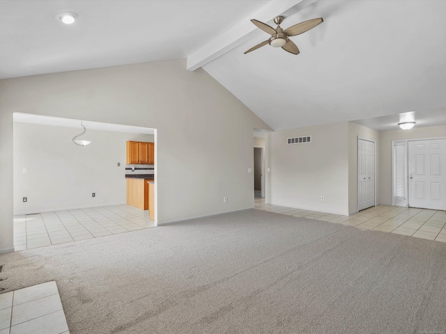 55374 Raspberry Dr, Macomb Twp, MI 48042 - unfurnished living room featuring light tile patterned flooring, ceiling fan, light colored carpet, beamed ceiling, and baseboards