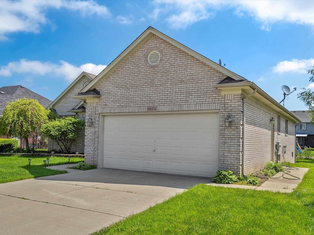 55374 Raspberry Dr, Macomb Twp, MI 48042 - view of home's exterior with brick siding, a lawn, concrete driveway, and an attached garage