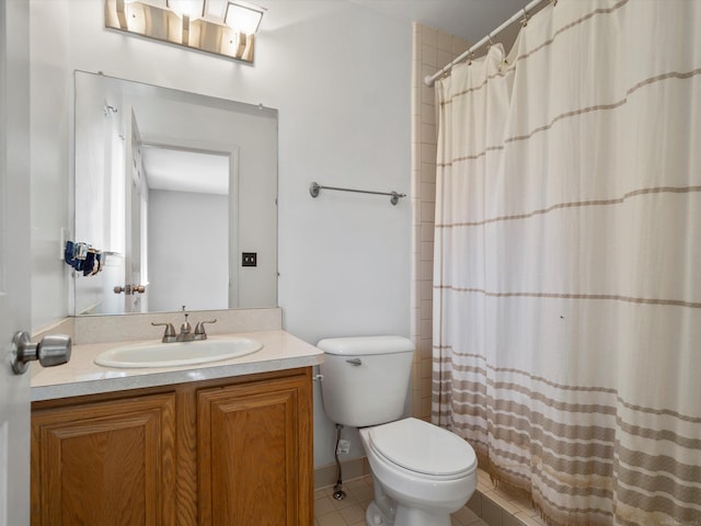 55374 Raspberry Dr, Macomb Twp, MI 48042 - bathroom featuring tile patterned floors, toilet, vanity, and a shower with shower curtain