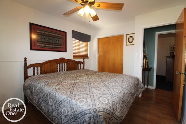 bedroom with wood finished floors, a ceiling fan, and a closet