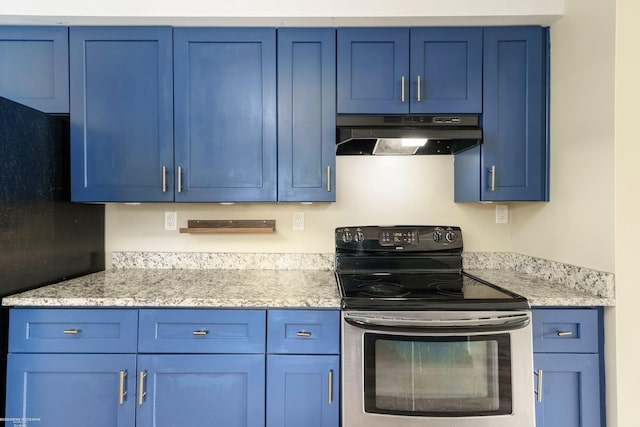 kitchen featuring stainless steel electric stove, blue cabinets, under cabinet range hood, and light stone counters