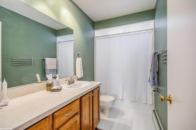 34485 Garfield Rd Apt # 1, Fraser, MI 48026 - bathroom featuring baseboard heating, vanity, toilet, tile patterned floors, and shower / bath combo