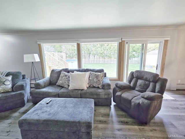 1400 W B St, Iron Mountain, MI 49801 - living area featuring baseboard heating, crown molding, and wood finished floors