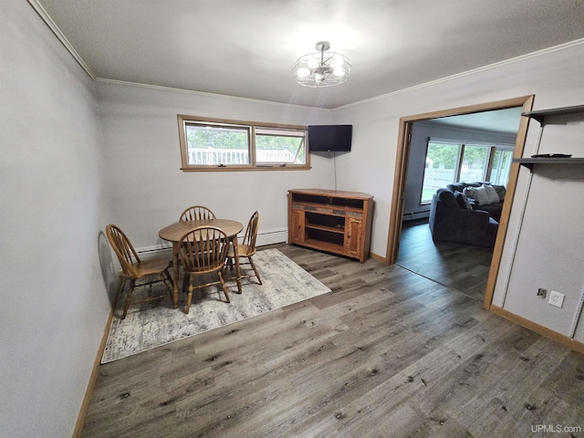 1400 W B St, Iron Mountain, MI 49801 - dining space featuring ornamental molding, a chandelier, wood finished floors, baseboards, and a baseboard heating unit