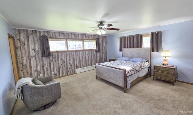 1400 W B St, Iron Mountain, MI 49801 - bedroom with a baseboard radiator, wooden walls, multiple windows, carpet flooring, and crown molding