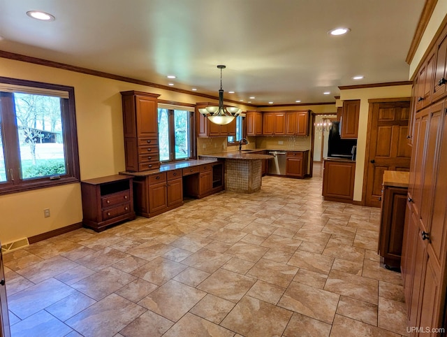 1002 Allouez Rd, Marquette, MI 49855 - kitchen featuring dishwasher, brown cabinetry, recessed lighting, baseboards, and crown molding