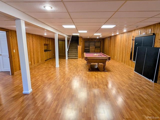 1002 Allouez Rd, Marquette, MI 49855 - recreation room featuring wooden walls, pool table, light wood-style flooring, and a drop ceiling