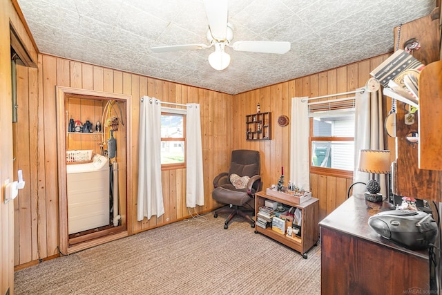 125 Wickham Ave, Houghton Lake, MI 48629 - home office with light colored carpet, wood walls, and ceiling fan