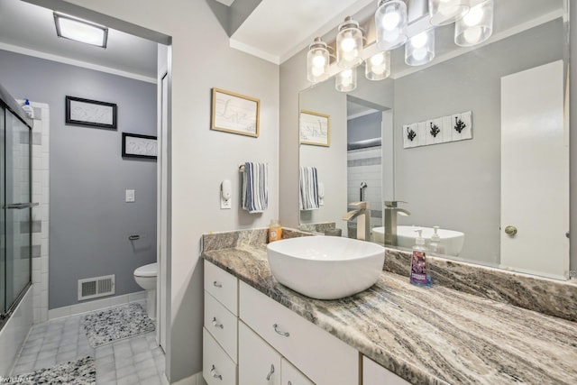 11770 Lennry Rd, Shelby Twp, MI 48315 - bathroom featuring toilet, vanity, baseboards, and shower / bath combination with glass door