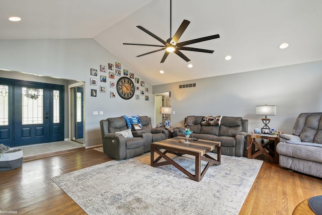 11770 Lennry Rd, Shelby Twp, MI 48315 - living area featuring ceiling fan, wood finished floors, high vaulted ceiling, and recessed lighting
