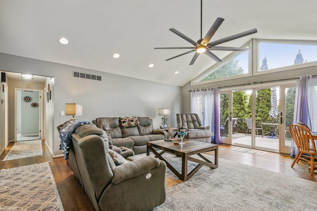 11770 Lennry Rd, Shelby Twp, MI 48315 - living room featuring a ceiling fan, wood finished floors, high vaulted ceiling, recessed lighting, and baseboards