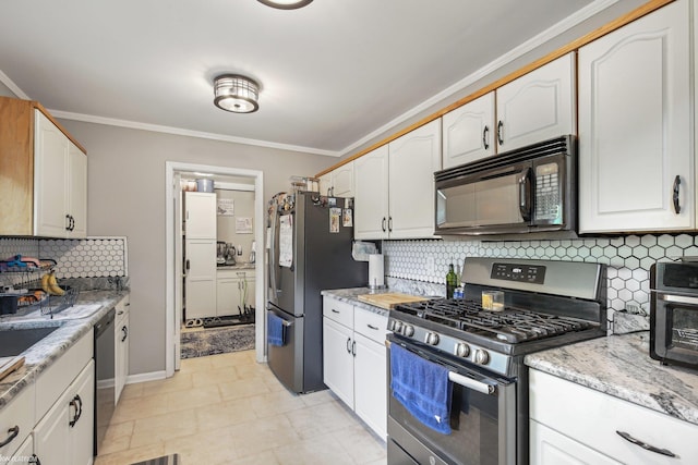 11770 Lennry Rd, Shelby Twp, MI 48315 - kitchen with stainless steel appliances, white cabinets, crown molding, decorative backsplash, and light stone counters