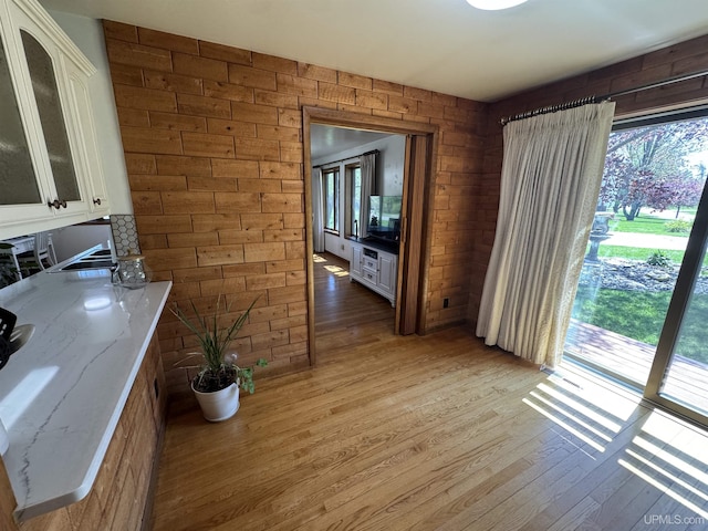 102 Forest Dr, Norway, MI 49870 - unfurnished dining area with light wood finished floors, plenty of natural light, and wood walls
