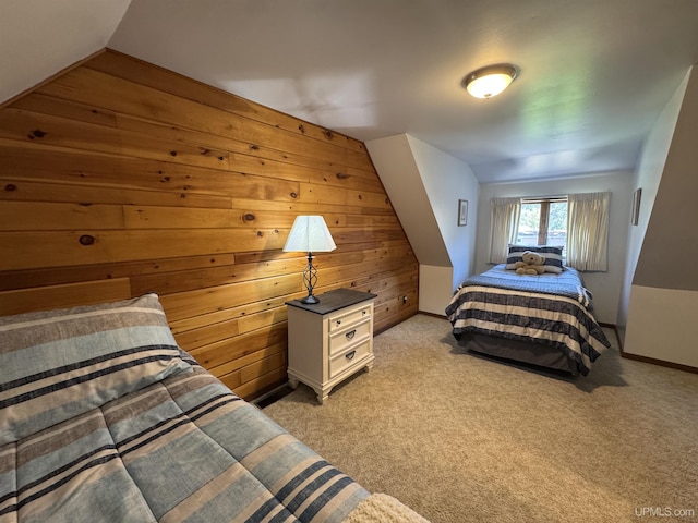 102 Forest Dr, Norway, MI 49870 - bedroom with wooden walls, light carpet, baseboards, and lofted ceiling