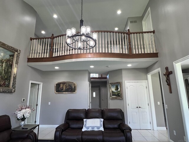 53641 Buckingham Ln, Shelby Twp, MI 48316 - living room featuring a high ceiling, light tile patterned floors, a chandelier, recessed lighting, and baseboards
