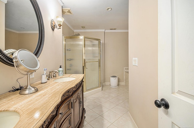 38186 Jefferson Ave, Harrison Twp, MI 48045 - full bathroom with a shower stall, tile patterned flooring, double vanity, crown molding, and baseboards
