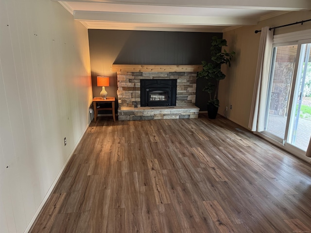 4283 Snoal Ln, Shelby Twp, MI 48316 - unfurnished living room with ornamental molding, wood finished floors, healthy amount of natural light, and a stone fireplace