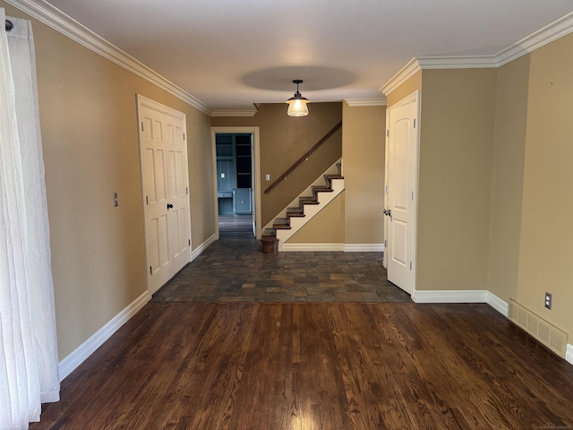 4283 Snoal Ln, Shelby Twp, MI 48316 - unfurnished room with stairway, wood finished floors, baseboards, and crown molding