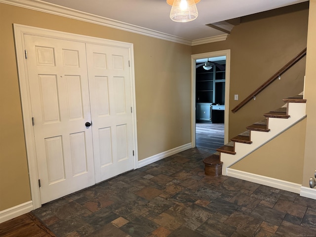 4283 Snoal Ln, Shelby Twp, MI 48316 - entryway with stone tile flooring, baseboards, ornamental molding, and stairway
