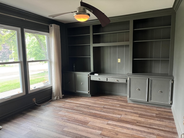 4283 Snoal Ln, Shelby Twp, MI 48316 - unfurnished office featuring built in study area, a ceiling fan, light wood-style floors, and built in shelves