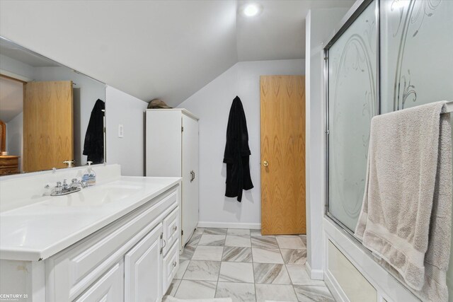 1497 Parke St, Rochester Hills, MI 48307 - bathroom featuring lofted ceiling, a shower with door, vanity, marble finish flooring, and baseboards