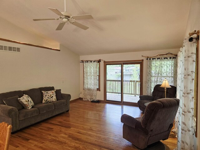 41 W River Dr, Gladwin, MI 48624 - living area featuring wood finished floors, lofted ceiling, and ceiling fan
