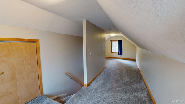 730 Elliott Ave, Ishpeming, MI 49855 - additional living space featuring vaulted ceiling, carpet, baseboards, and a textured ceiling
