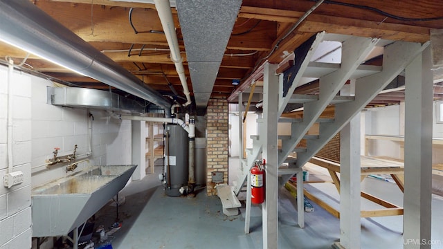 730 Elliott Ave, Ishpeming, MI 49855 - unfinished below grade area with water heater, stairs, a sink, and concrete block wall