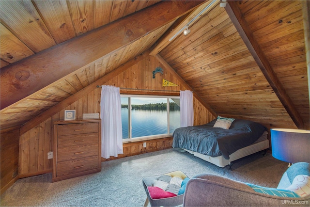 106 Green Rd, Michigamme, MI 49861 - bedroom with carpet flooring, wooden walls, wood ceiling, and a water view