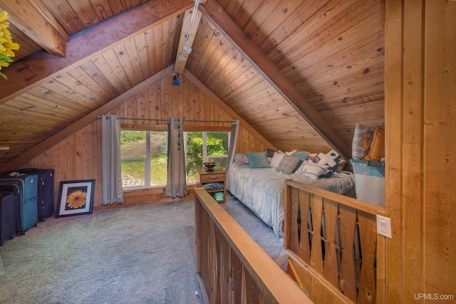 106 Green Rd, Michigamme, MI 49861 - carpeted bedroom featuring wooden ceiling and wood walls