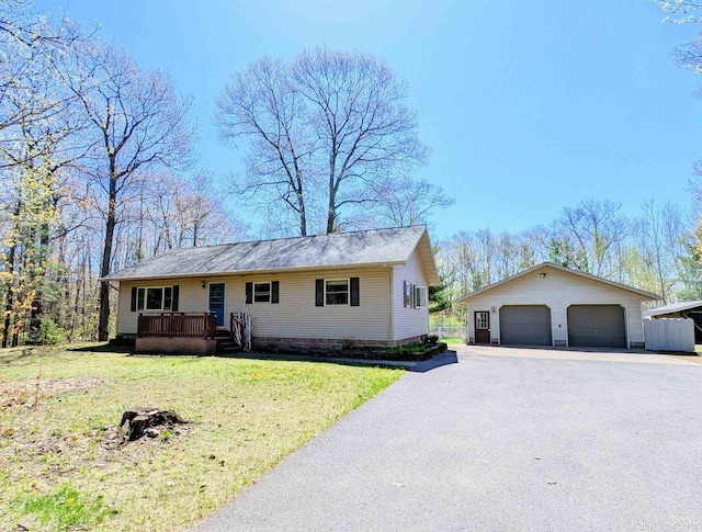 14 Arrowhead Dr, Marquette, MI 49855 - single story home featuring an outdoor structure, a detached garage, a front lawn, and a wooden deck