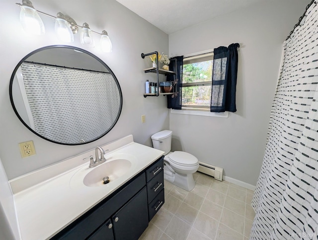 14 Arrowhead Dr, Marquette, MI 49855 - bathroom featuring baseboard heating, vanity, toilet, tile patterned floors, and baseboards
