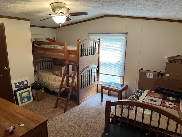 3065 S Curtisville Rd, South Branch, MI 48761 - carpeted bedroom with a textured ceiling, ornamental molding, and vaulted ceiling