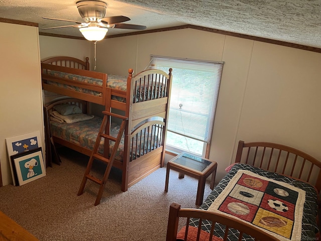 3065 S Curtisville Rd, South Branch, MI 48761 - carpeted bedroom featuring a textured ceiling, crown molding, lofted ceiling, and a ceiling fan
